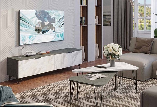 מזנון וזוג שולחנות לסלון מבית House Design ייצור ישראלי כחול לבן דגם רון מזנון וזוג שולחנות לסלון מבית House Design ייצור ישראלי כחול לבן דגם רון