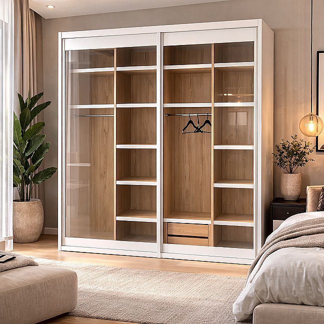 ארון הזזה גדול 2 דלתות דגם יהלום - דלתות זכוכית שקופה - רוחב 240 ס"מ ארון הזזה גדול 2 דלתות דגם יהלום - דלתות זכוכית שקופה - רוחב 240 ס"מ